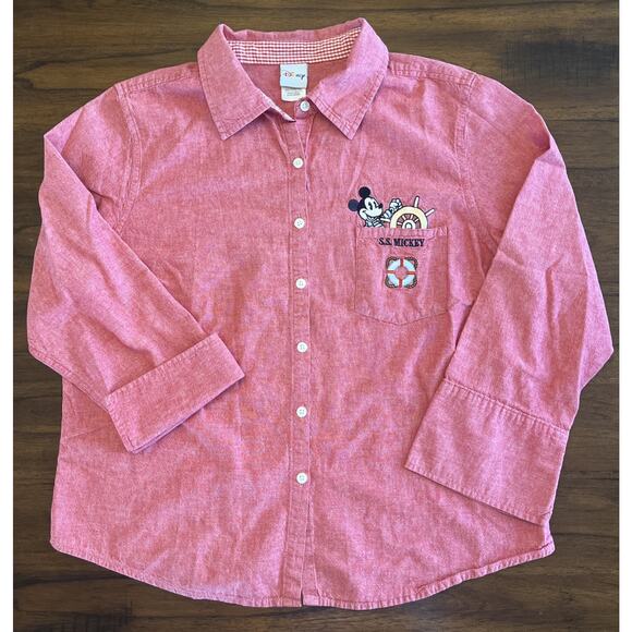 Disney Womens 3/4 Sleeve Button Down Shirt Sz XL “SS Mickey” Red Embroidered - Picture 1 of 8